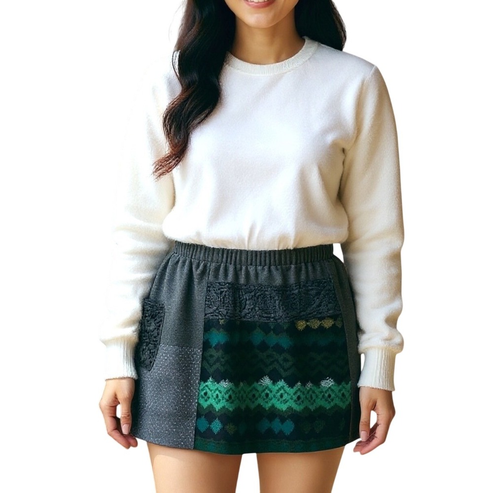 Aryeh Gray Boho Crochet Chevron Feminine Casual‎ Polyester Mini Skirt Small